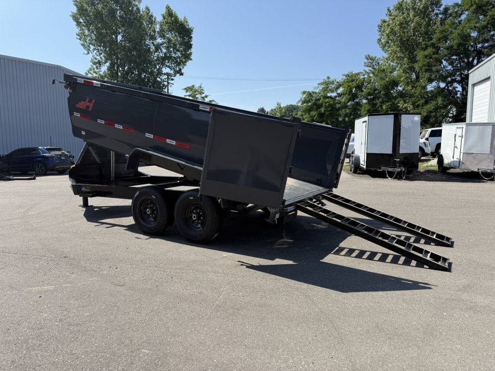 14' LZ7 Dump Trailer 42" Walls - Telescopic Lift - 14K GWVR - Hydraulic Jacks - 3 Way Door - Ramps - Dump Trailers - Stryker Dealership Group